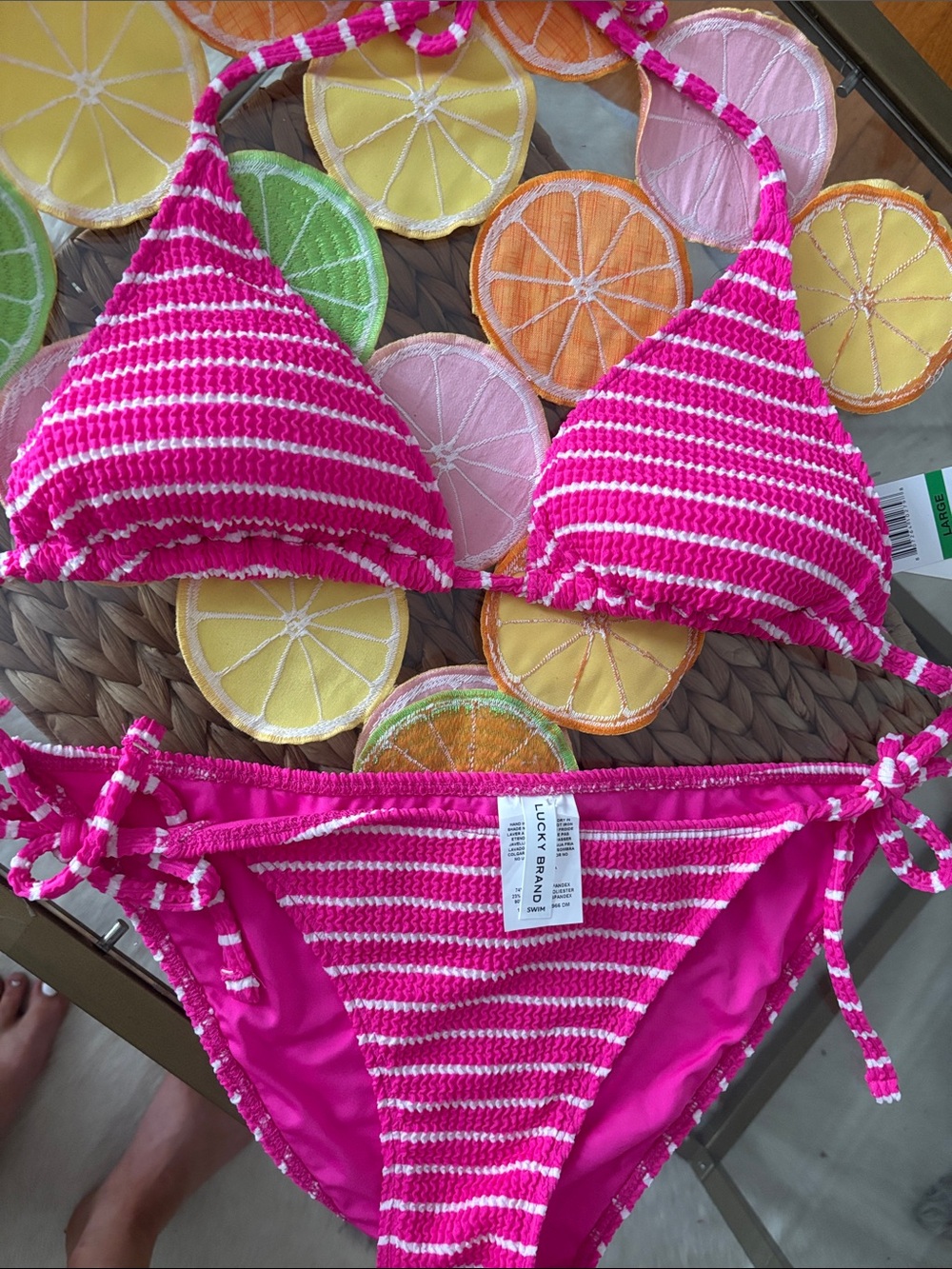NWT Lucky Brand Hot Pink & White Striped Tie-Side Bikini Set